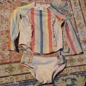 Girls Long-Sleeve pastel Rainbow Stripe Rash Guard Swim Set - Pink Multi